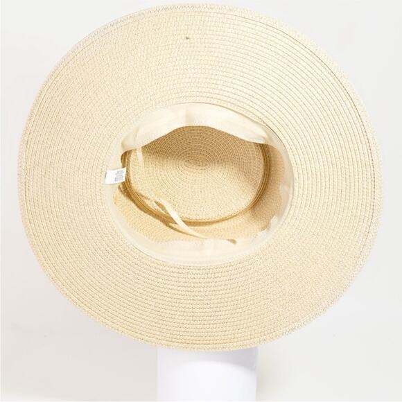NEW ANTHROPOLOGIE Cream Tan Straw Wide Brim Floppy Purple Print Ribbon Sun Hat main image 5
